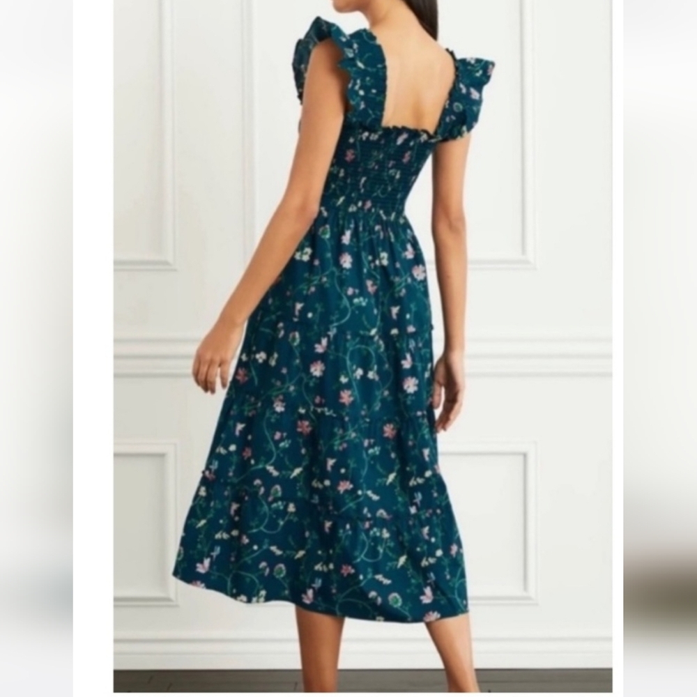Hill House Ava Dress Moody Floral V-Neck Ruffle Neck Teal Floral Midi M - Picture 4 of 6
